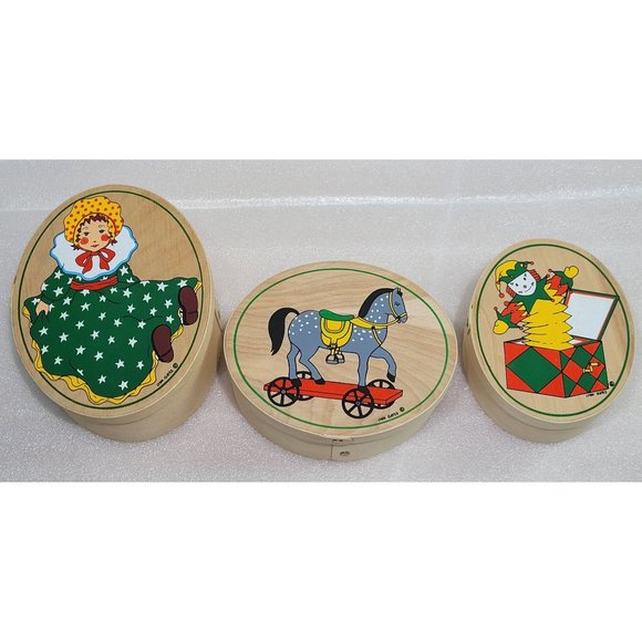 Lynn Gates Nesting Box Set of 3 Oval Painted Toys Doll Rocking Horse Jack in Box - Picture 1 of 8